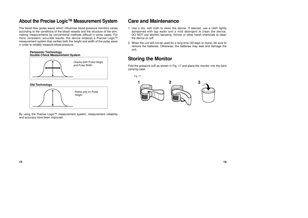 Panasonic EW3002 operating instructions Care and Maintenance, Storing the Monitor 