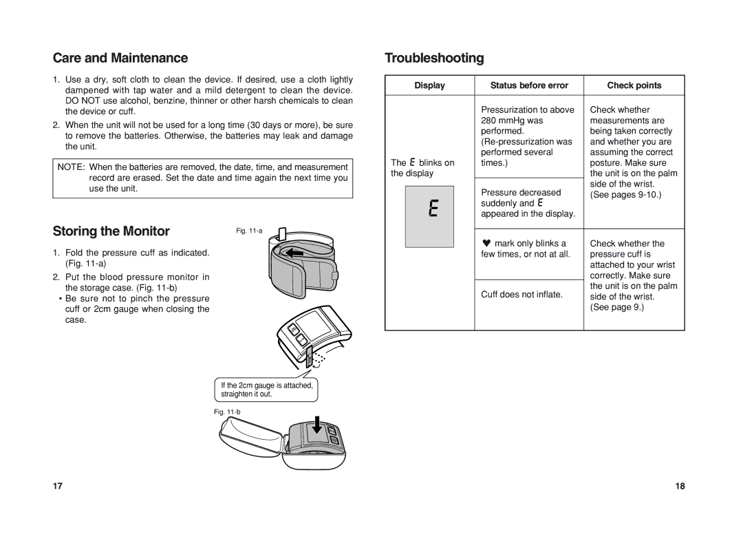 Panasonic EW3003 Care and Maintenance, Storing the Monitor, Troubleshooting, Display Status before error Check points 