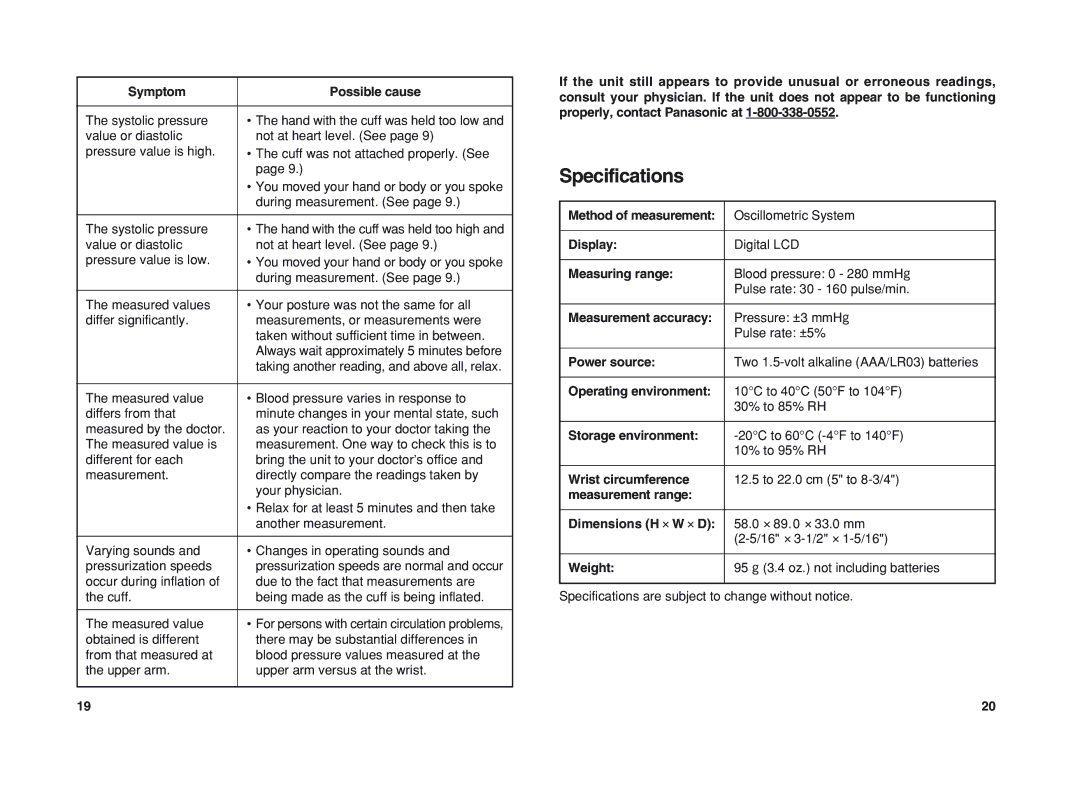 Panasonic EW3003 operating instructions Specifications 