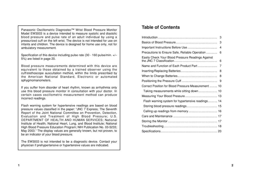 Panasonic EW3003 operating instructions Table of Contents 