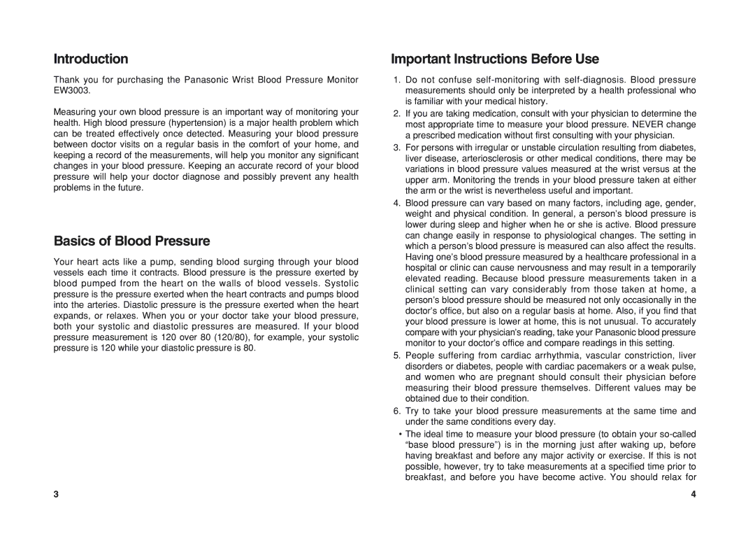 Panasonic EW3003 operating instructions Introduction, Basics of Blood Pressure, Important Instructions Before Use 