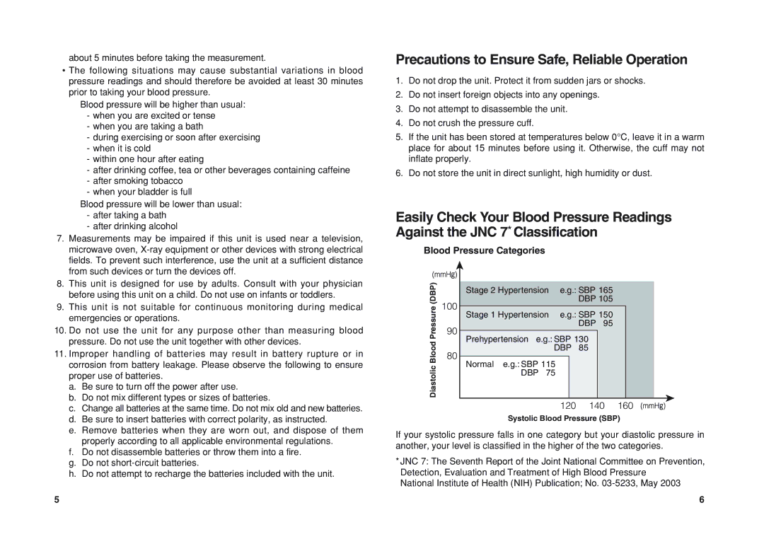 Panasonic EW3003 Precautions to Ensure Safe, Reliable Operation, Blood Pressure Categories, 100, 120 140 160 