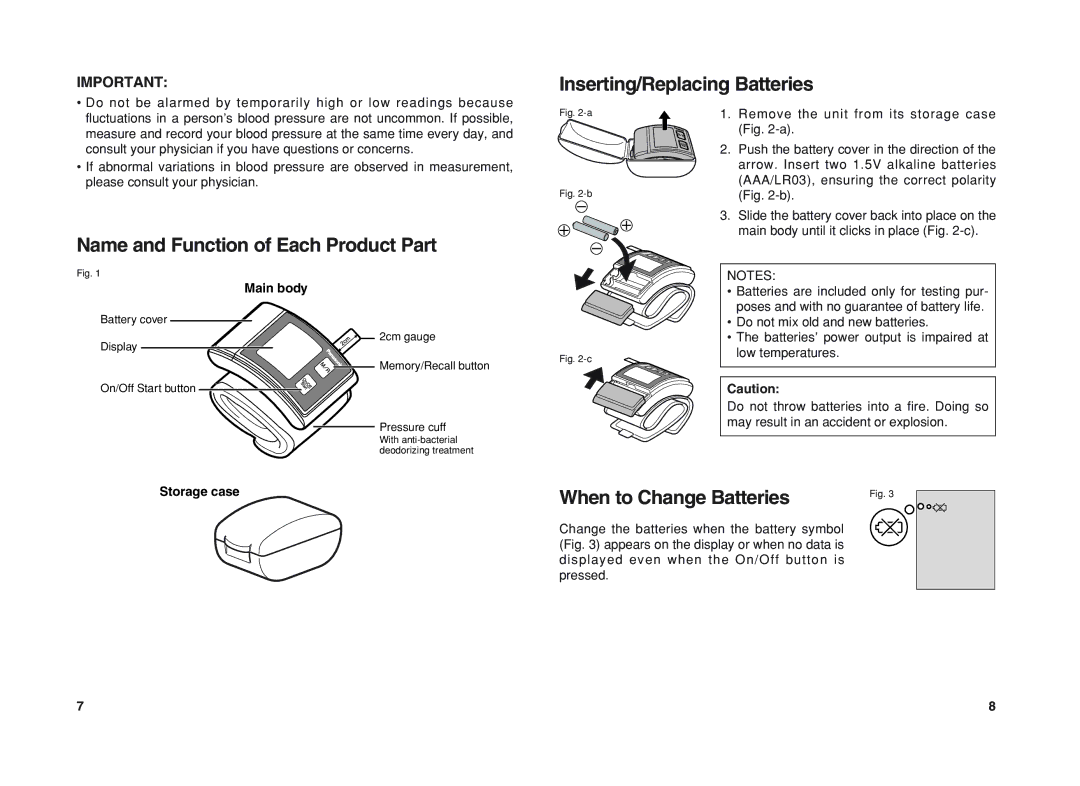 Panasonic EW3003 Name and Function of Each Product Part, Inserting/Replacing Batteries, When to Change Batteries 