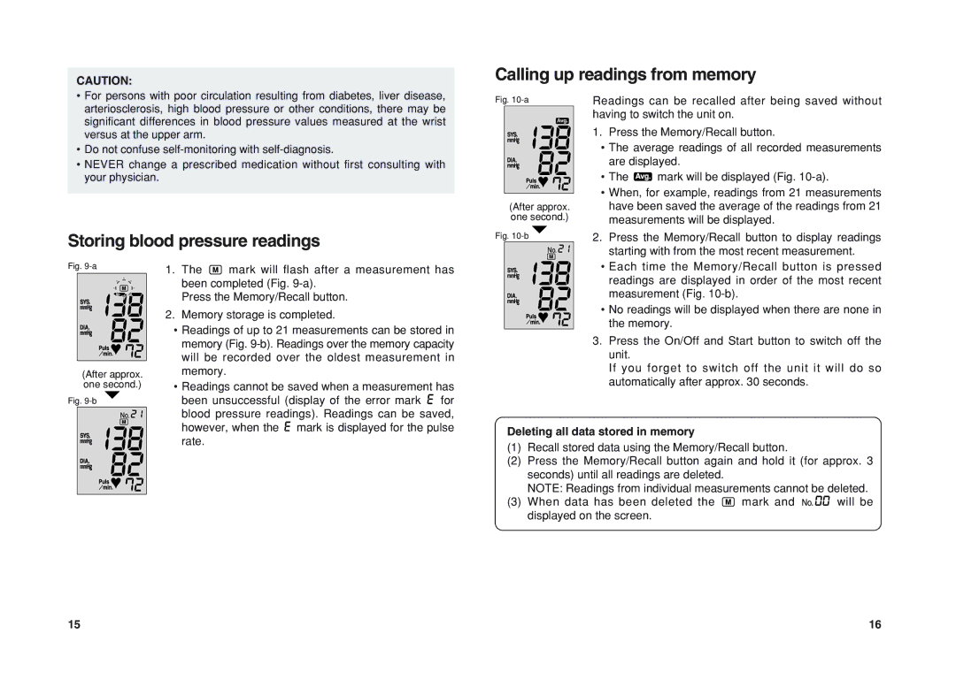 Panasonic EW3003 Calling up readings from memory, Storing blood pressure readings, Deleting all data stored in memory 