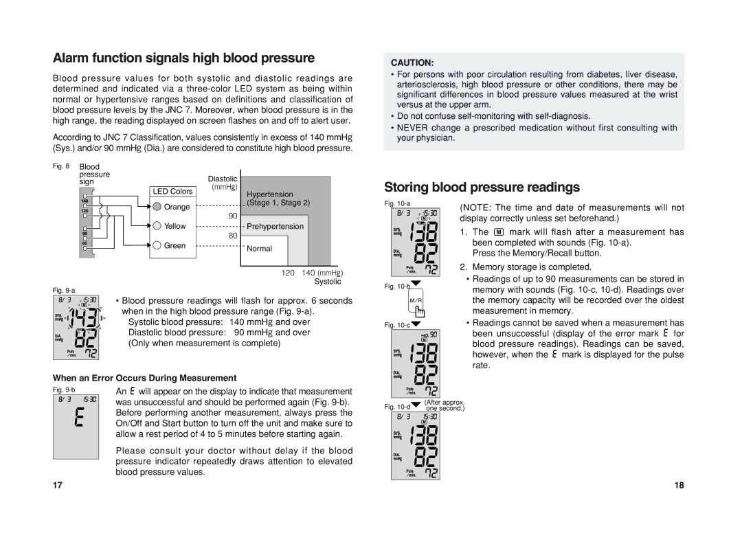 Panasonic EW3037 operating instructions Alarm function signals high blood pressure, Storing blood pressure readings 