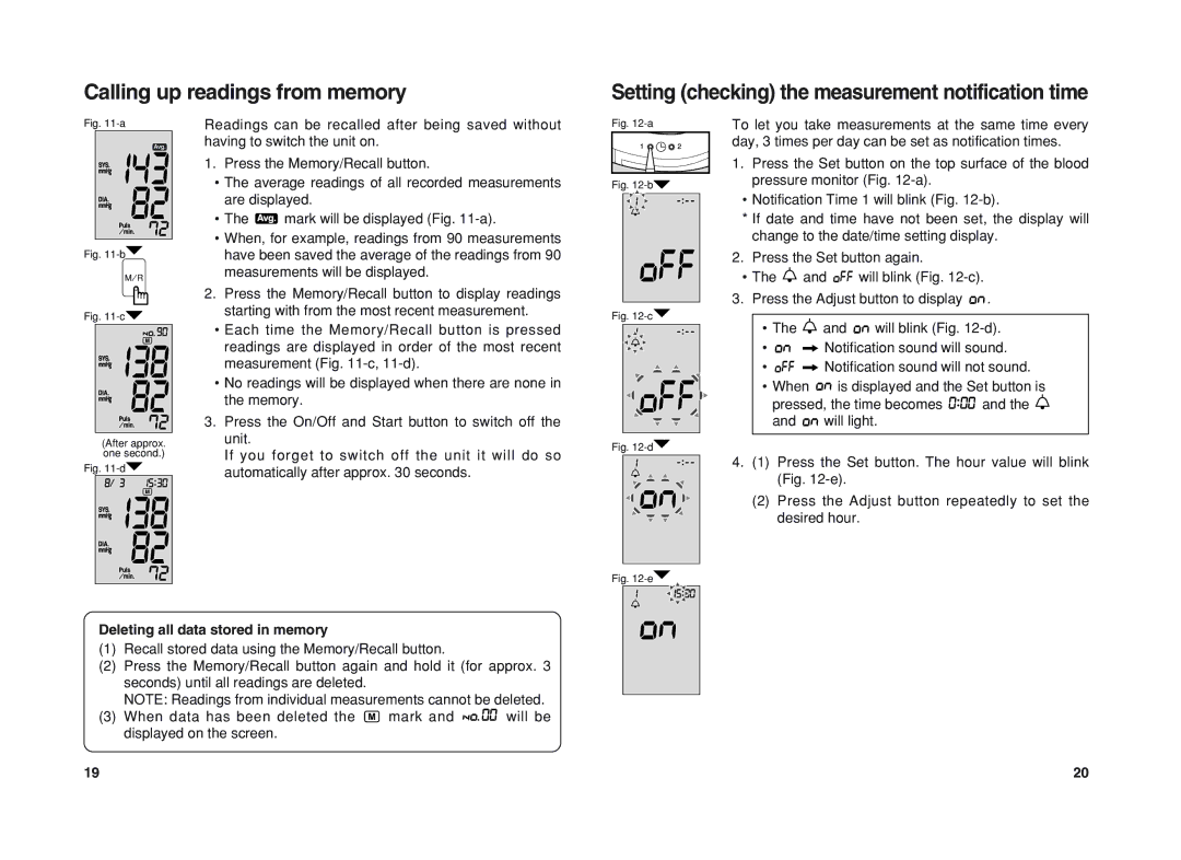 Panasonic EW3037 operating instructions Calling up readings from memory, Deleting all data stored in memory 