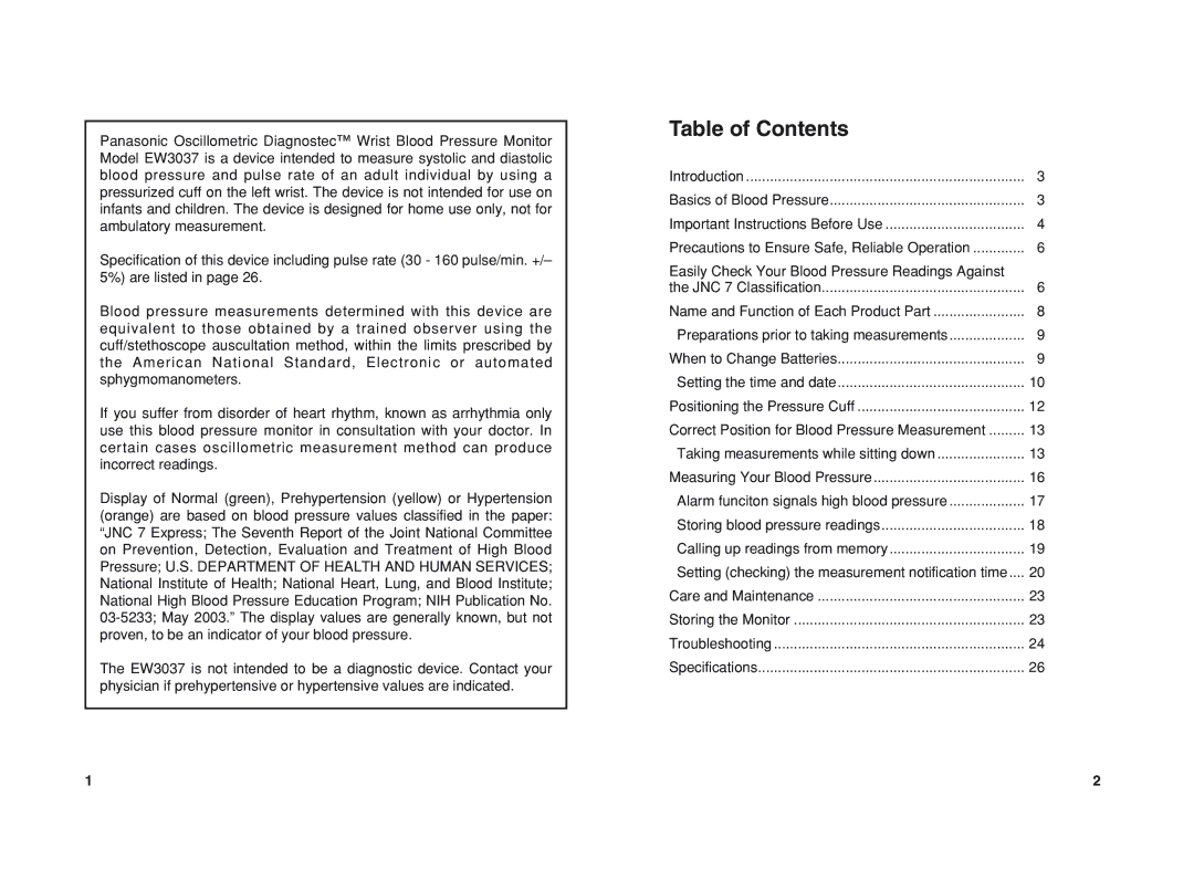 Panasonic EW3037 operating instructions Table of Contents 