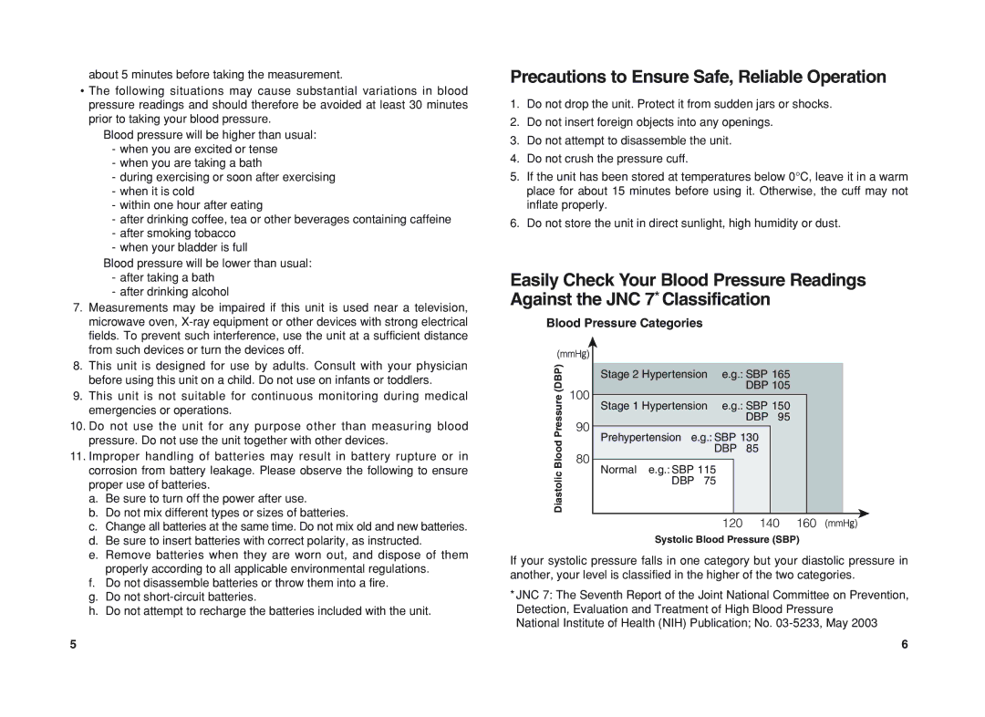 Panasonic EW3037 Precautions to Ensure Safe, Reliable Operation, Blood Pressure Categories, 100, 120 140 160 