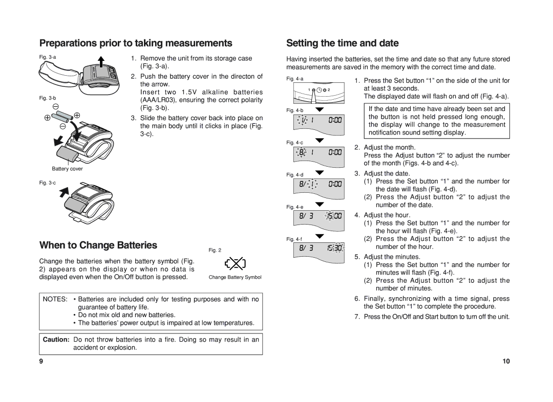 Panasonic EW3037 Preparations prior to taking measurements, When to Change Batteries, Setting the time and date 