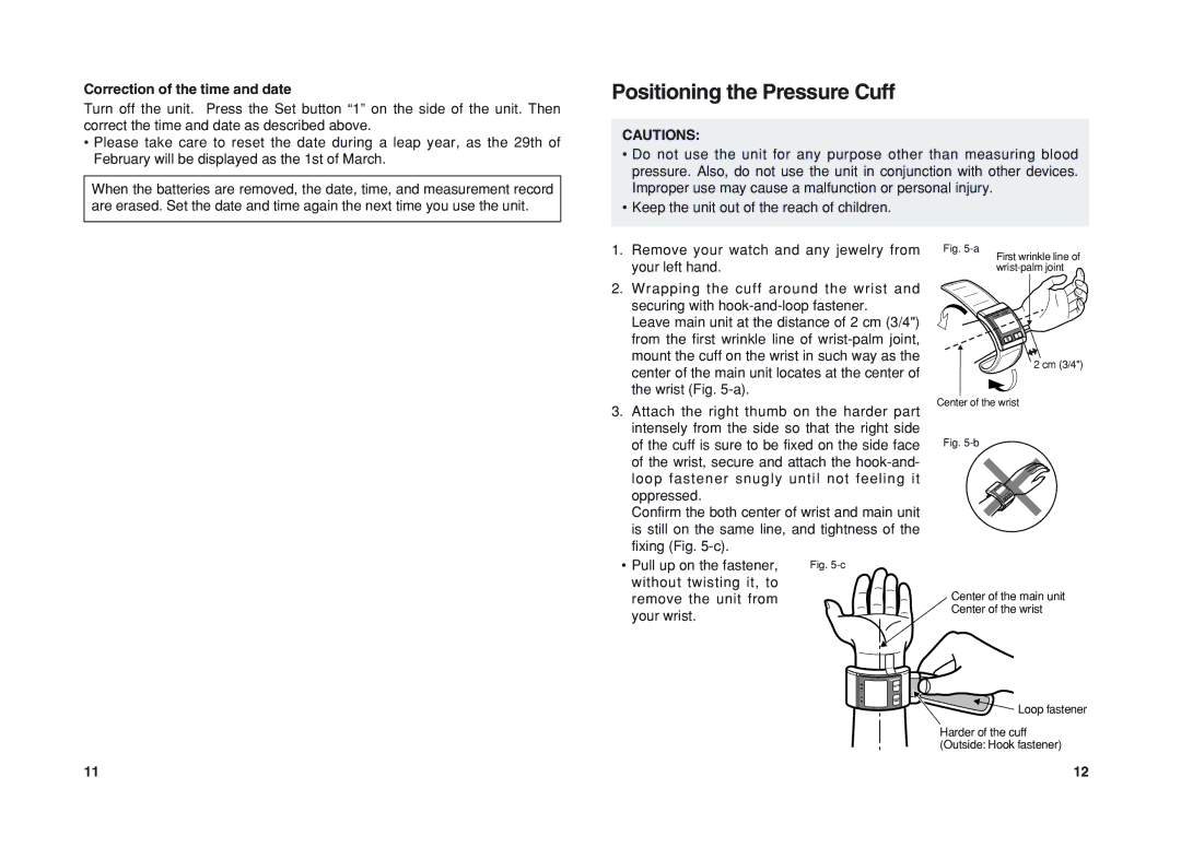 Panasonic EW3037 operating instructions Positioning the Pressure Cuff, Correction of the time and date 