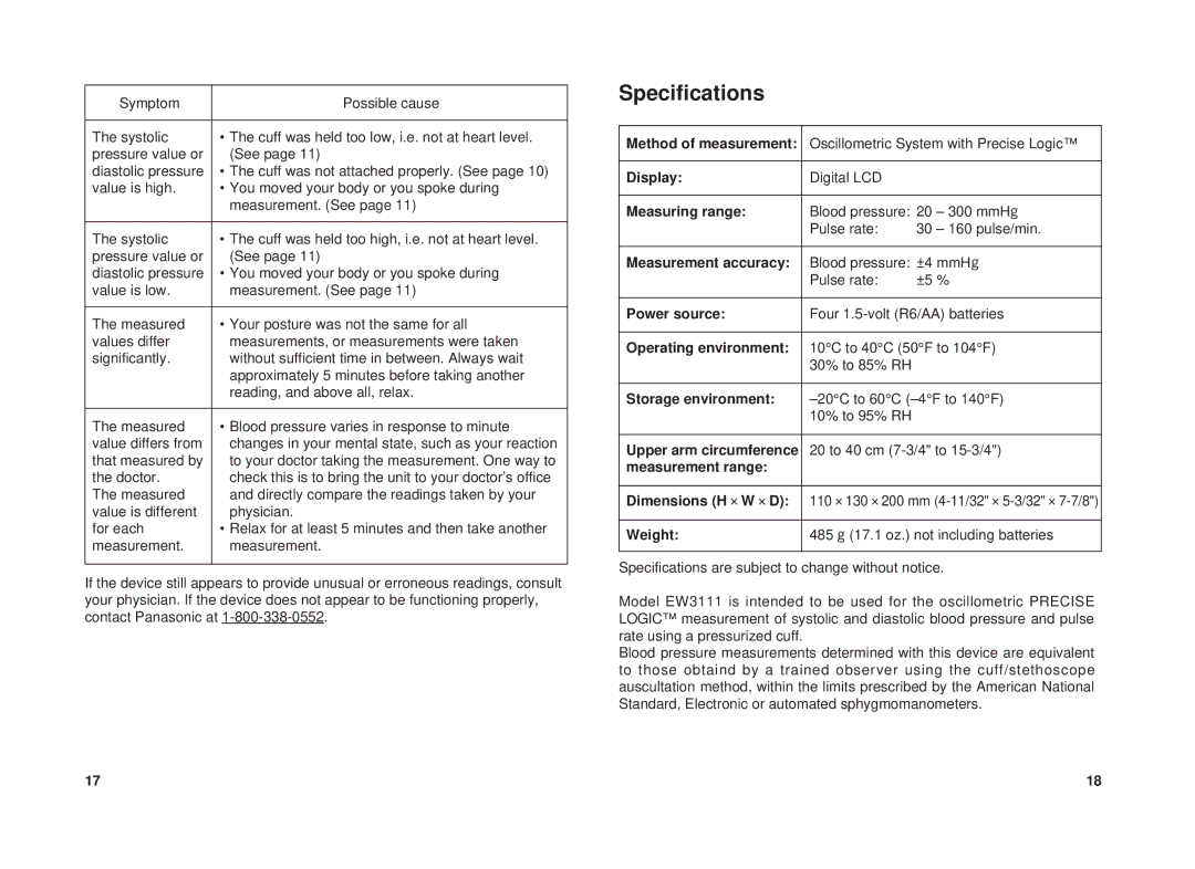 Panasonic EW3111 operating instructions Specifications 