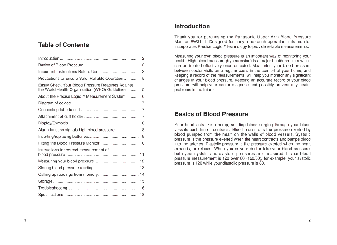 Panasonic EW3111 operating instructions Table of Contents, Introduction, Basics of Blood Pressure 