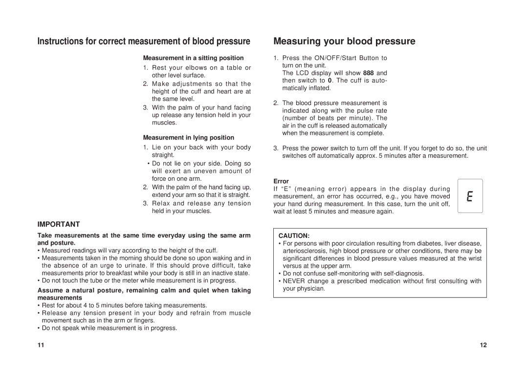 Panasonic EW3111 Measuring your blood pressure, Measurement in a sitting position, Measurement in lying position, Error 