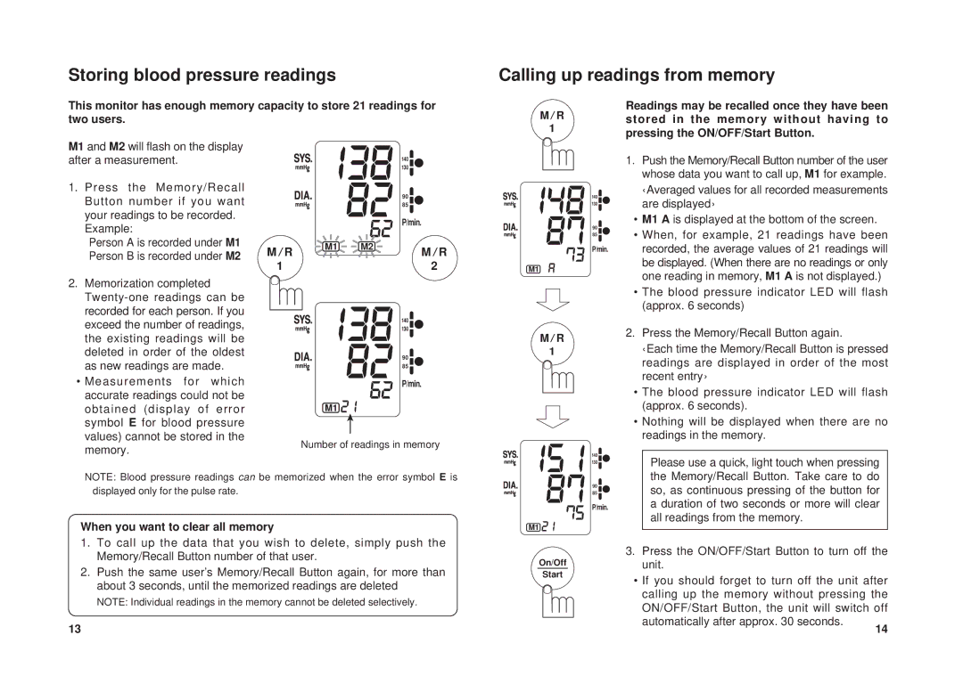 Panasonic EW3111 Example, When, for example, 21 readings have been, Press the Memory/Recall Button again 