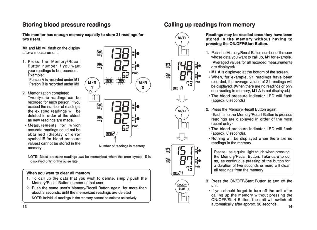 Panasonic EW3111 operating instructions Storing blood pressure readings, Calling up readings from memory, Example, M / R 