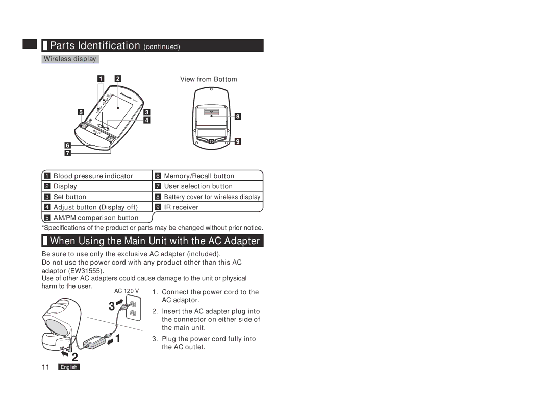 Panasonic EW3153W manual Wireless display View from Bottom, AM/PM comparison button 