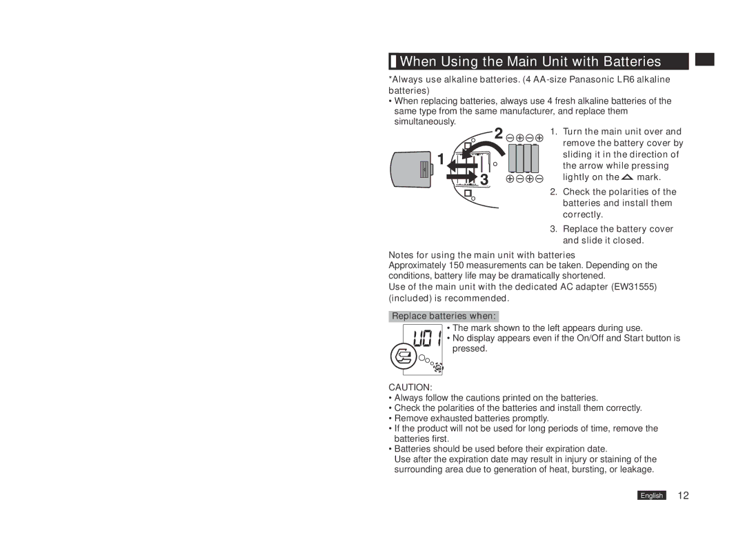 Panasonic EW3153W manual When Using the Main Unit with Batteries, Turn the main unit over 