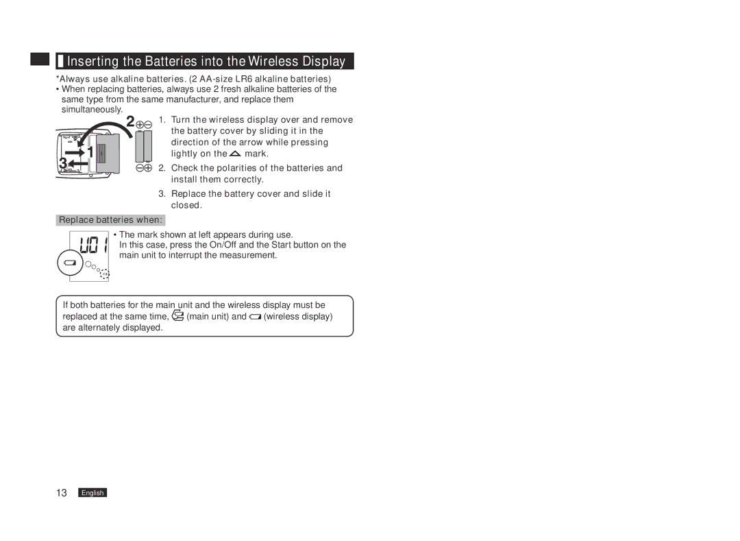 Panasonic EW3153W manual Inserting the Batteries into the Wireless Display 