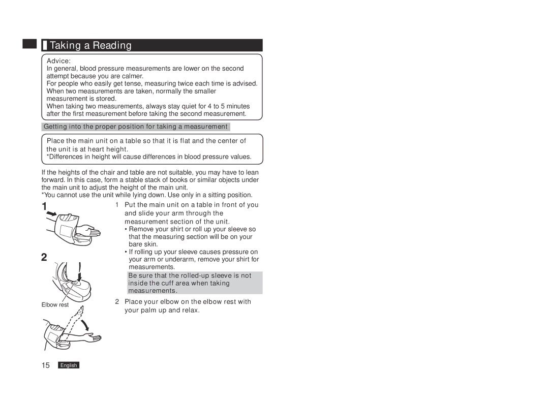 Panasonic EW3153W manual Taking a Reading, Advice, Put the main unit on a table in front of you 