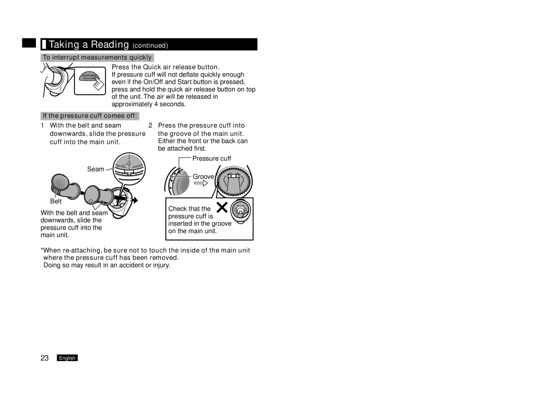 Panasonic EW3153W manual If the pressure cuff comes off 