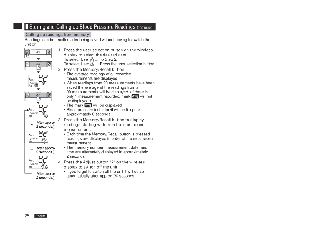 Panasonic EW3153W manual Calling up readings from memory, Press the Memory/Recall button 