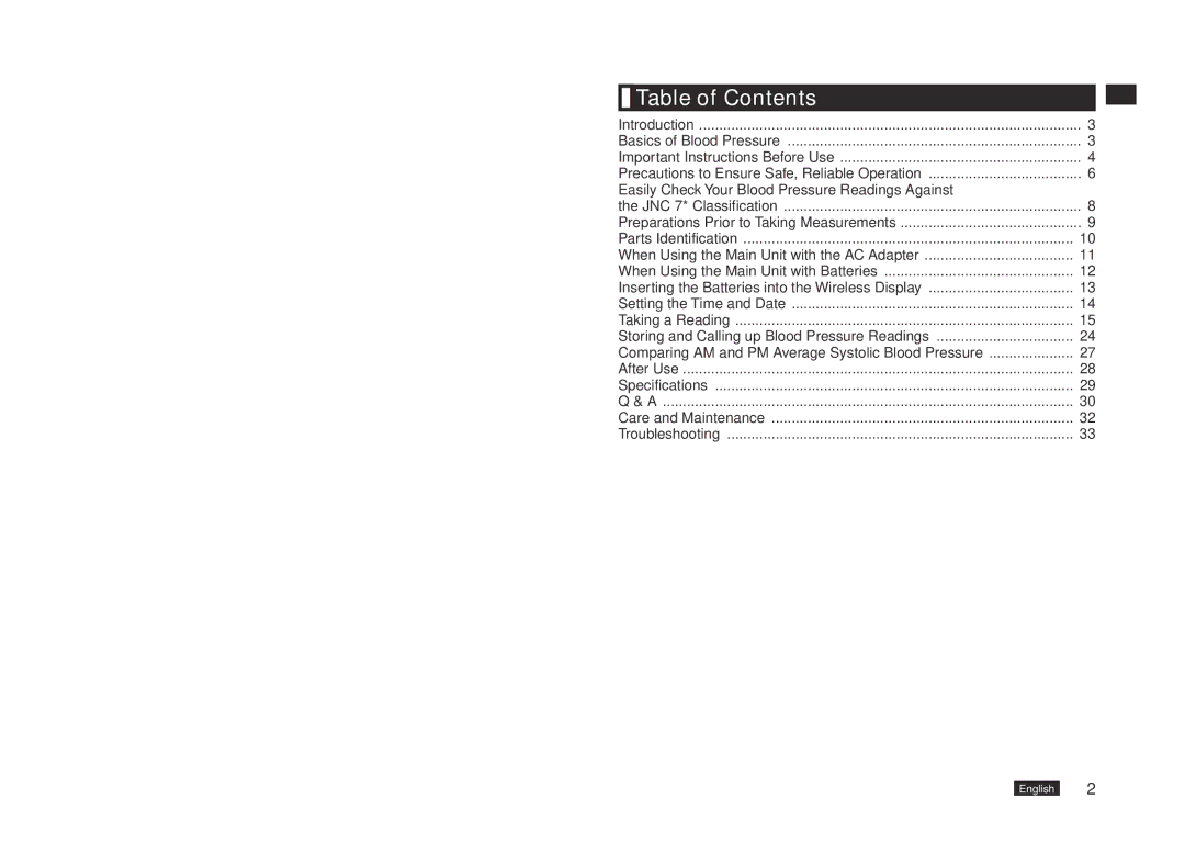 Panasonic EW3153W manual Table of Contents 