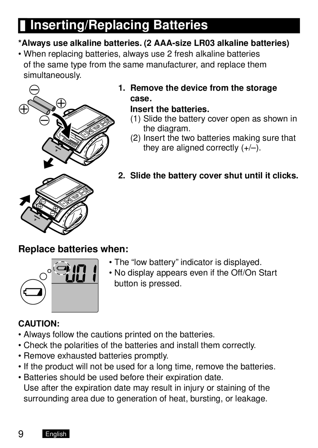 Panasonic EWBW30S Inserting/Replacing Batteries, Replace batteries when, Slide the battery cover shut until it clicks 