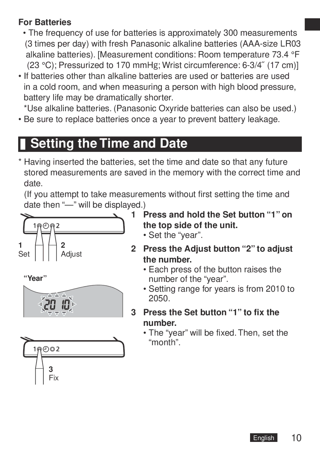 Panasonic EW-BW30 Setting the Time and Date, For Batteries, Press and hold the Set button 1 on the top side of the unit 