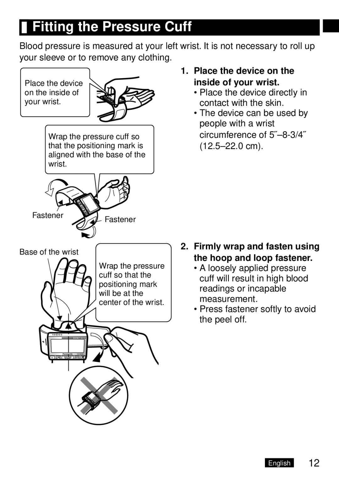 Panasonic EW-BW30, EWBW30S operating instructions Fitting the Pressure Cuff, Circumference of 5˝-8-3/4˝ 12.5-22.0 cm 