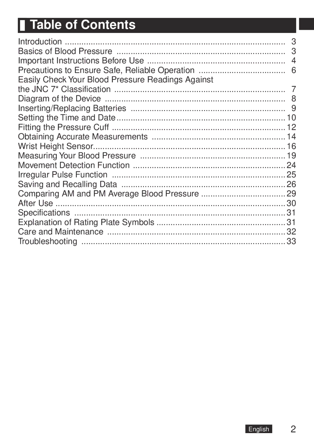 Panasonic EW-BW30, EWBW30S operating instructions Table of Contents 