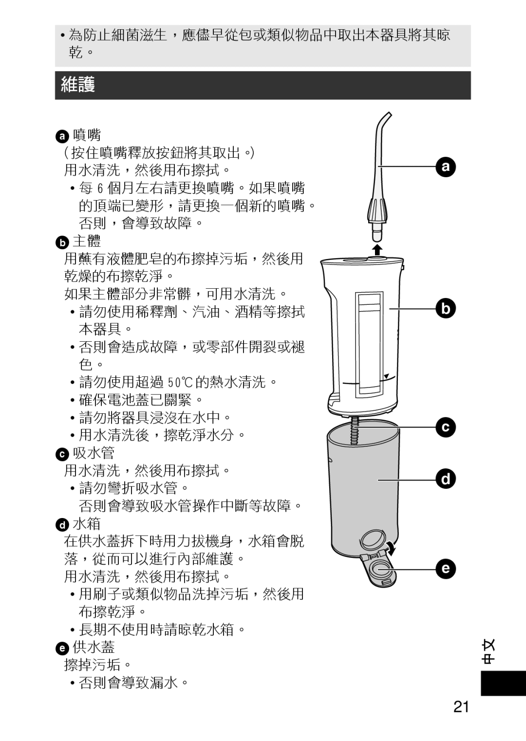 Panasonic EWDJ10A operating instructions （按住噴嘴釋放按鈕將其取出。） 用水清洗，然後用布擦拭。 