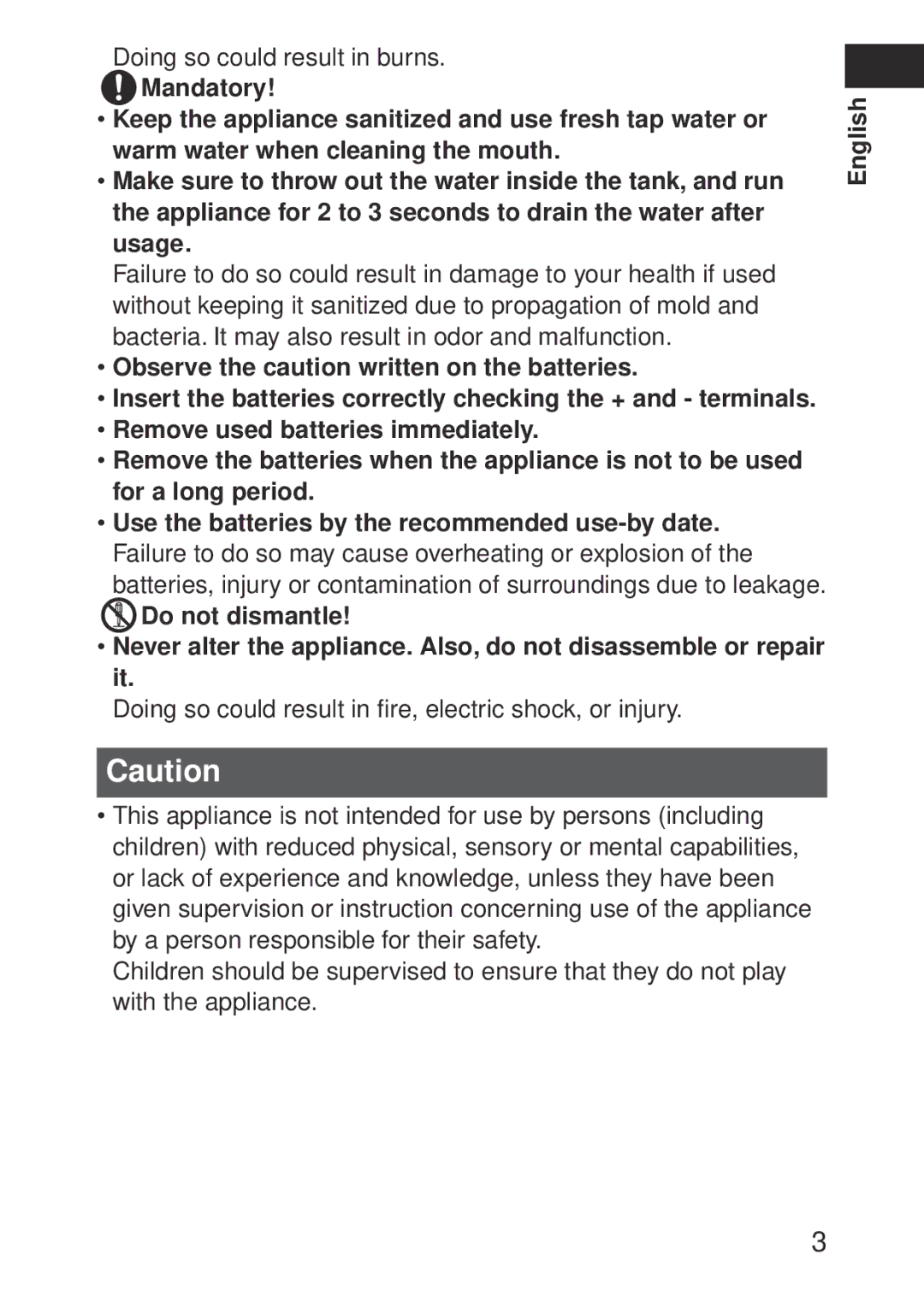 Panasonic EWDJ10A operating instructions Observe the caution written on the batteries 