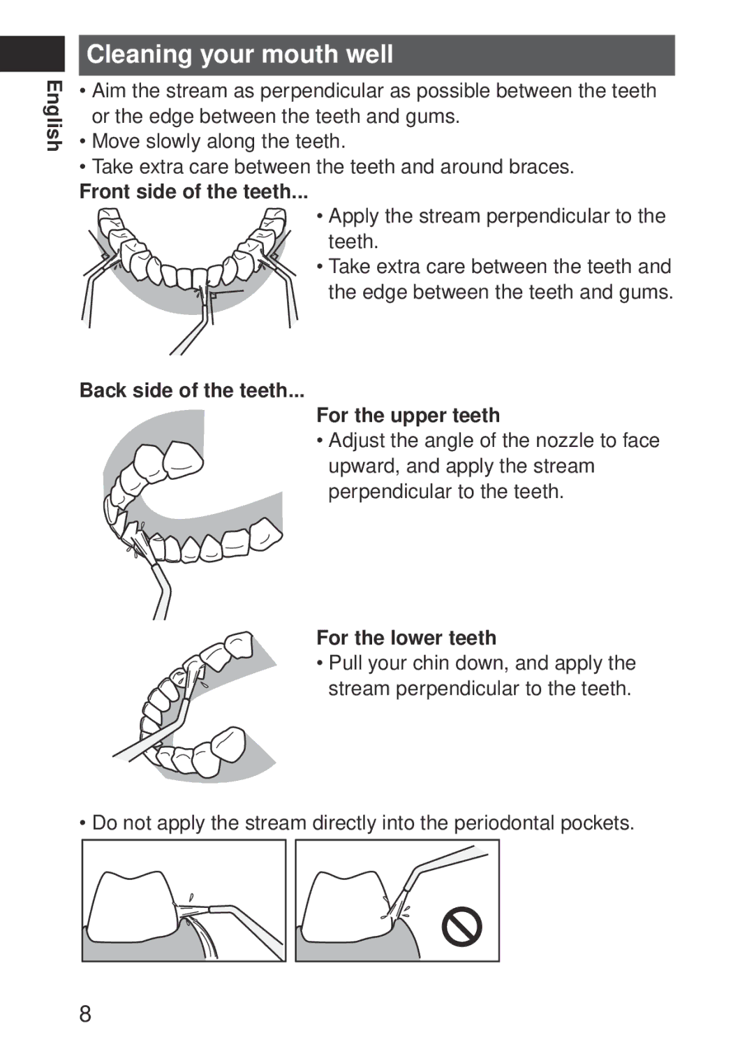 Panasonic EWDJ10A Cleaning your mouth well, Front side of the teeth, Back side of the teeth For the upper teeth 