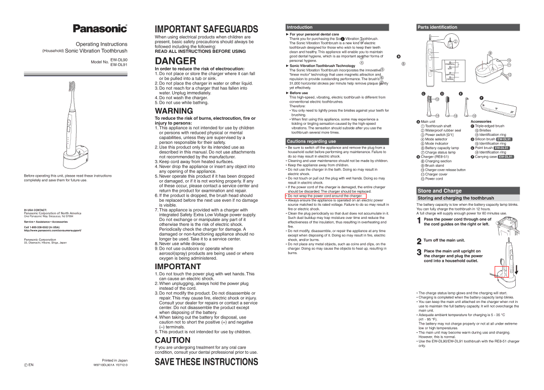 Panasonic EWDL90, EWDL91 operating instructions Store and Charge, Introduction, Parts identification 