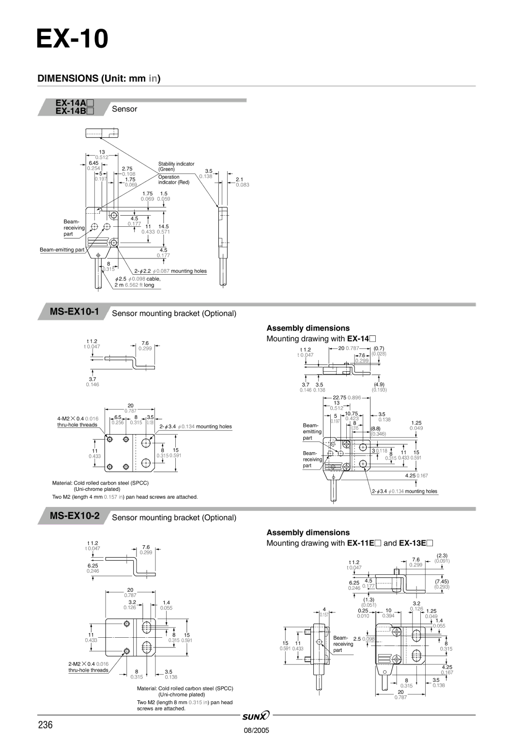 Panasonic EX-10 Series manual MS-EX10-1, EX-14A EX-14BSensor, Assembly dimensions 