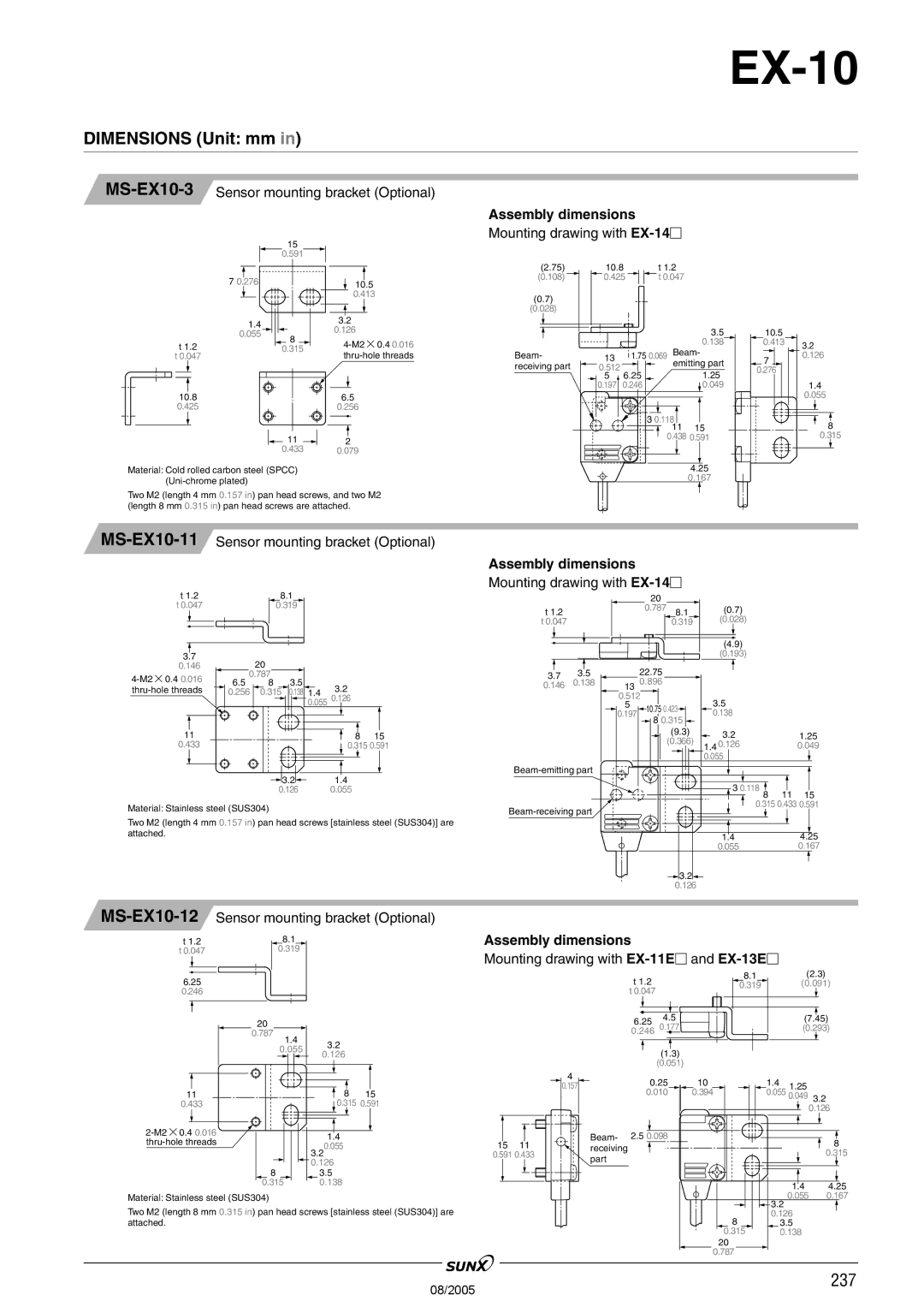 Panasonic EX-10 Series manual MS-EX10-3Sensor mounting bracket Optional, MS-EX10-11Sensor mounting bracket Optional 