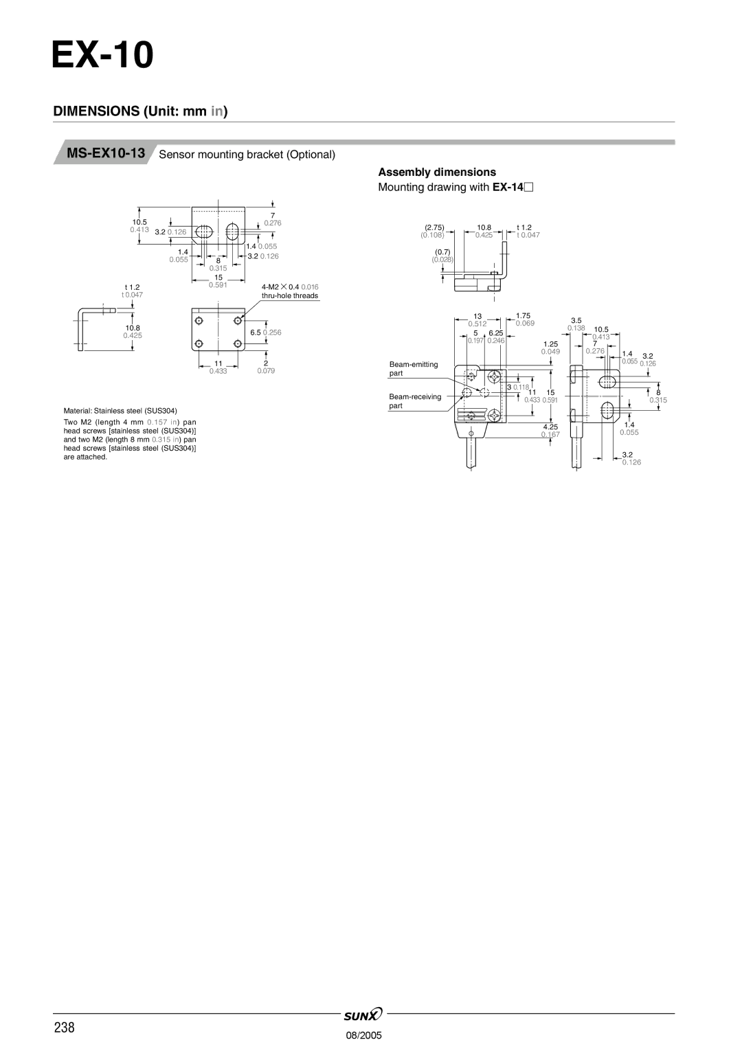 Panasonic EX-10 Series manual MS-EX10-13Sensor mounting bracket Optional 