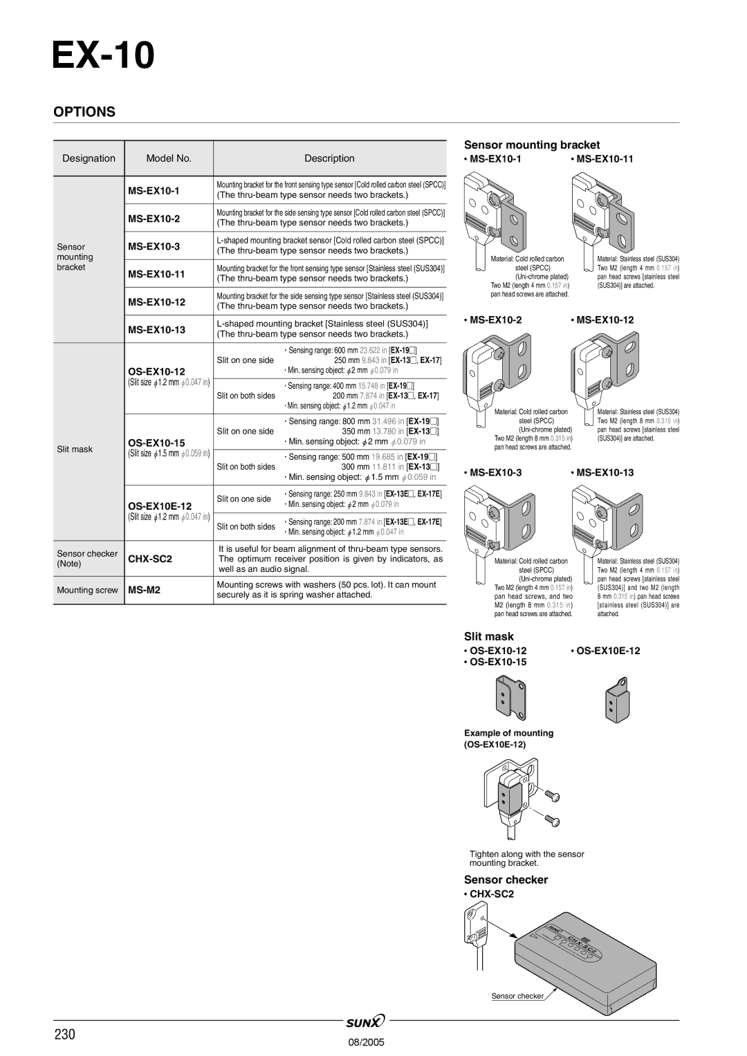 Panasonic EX-10 Series manual Options, Sensor mounting bracket, Slit mask, Sensor checker 