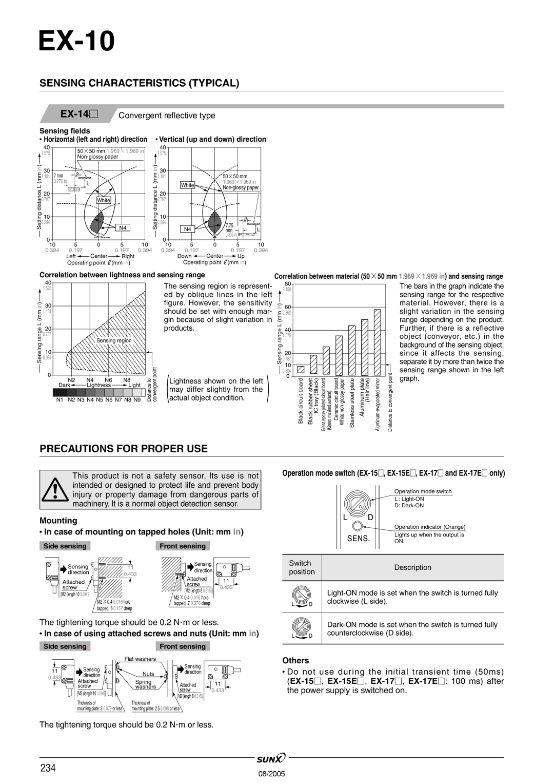 Panasonic EX-10 Series manual Precautions for Proper USE, Mounting Case of mounting on tapped holes Unit mm, Others 