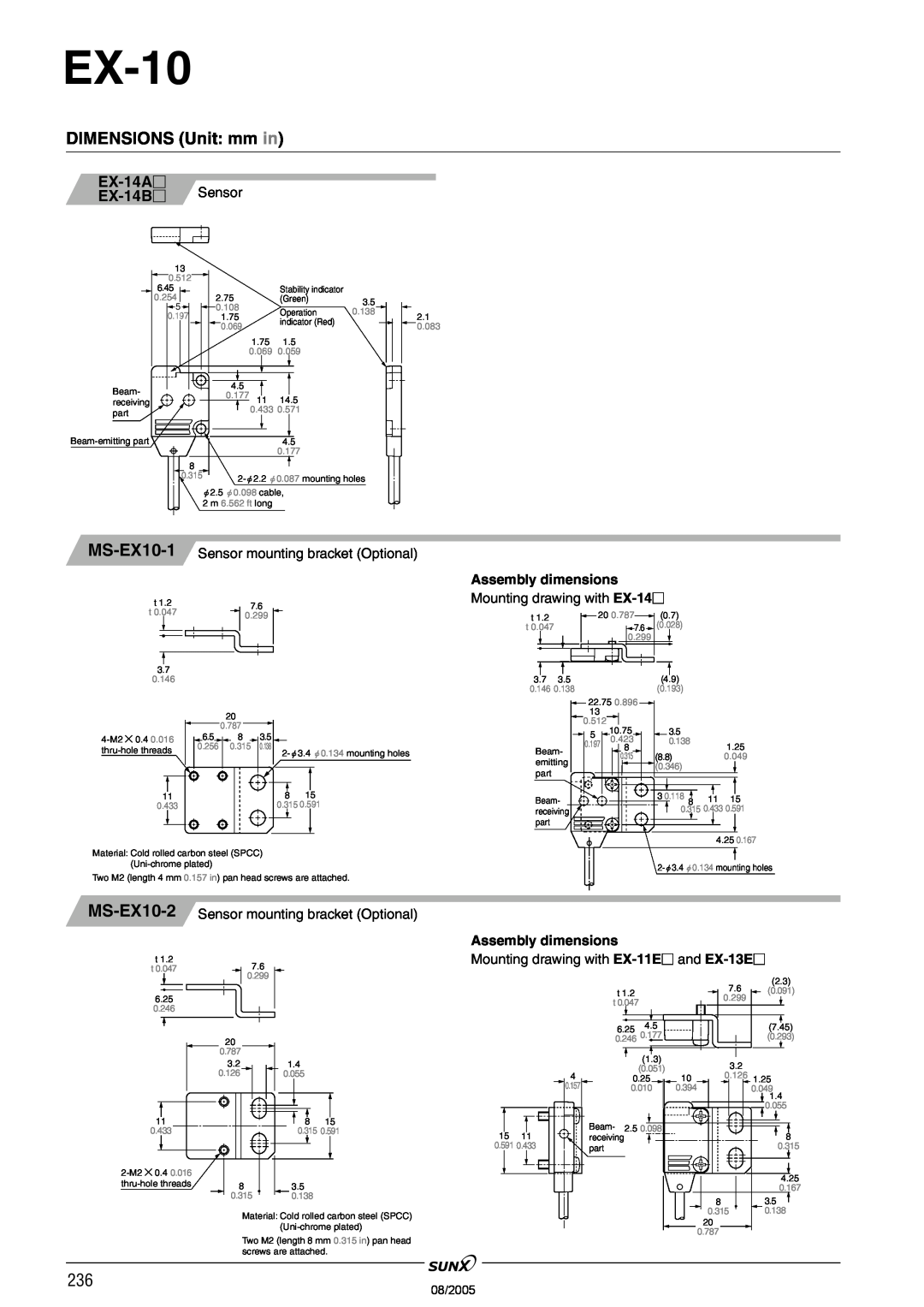 Panasonic EX-10 Series manual MS-EX10-1, EX-14A EX-14B Sensor, Assembly dimensions, Mounting drawing with EX-14, 08/2005 