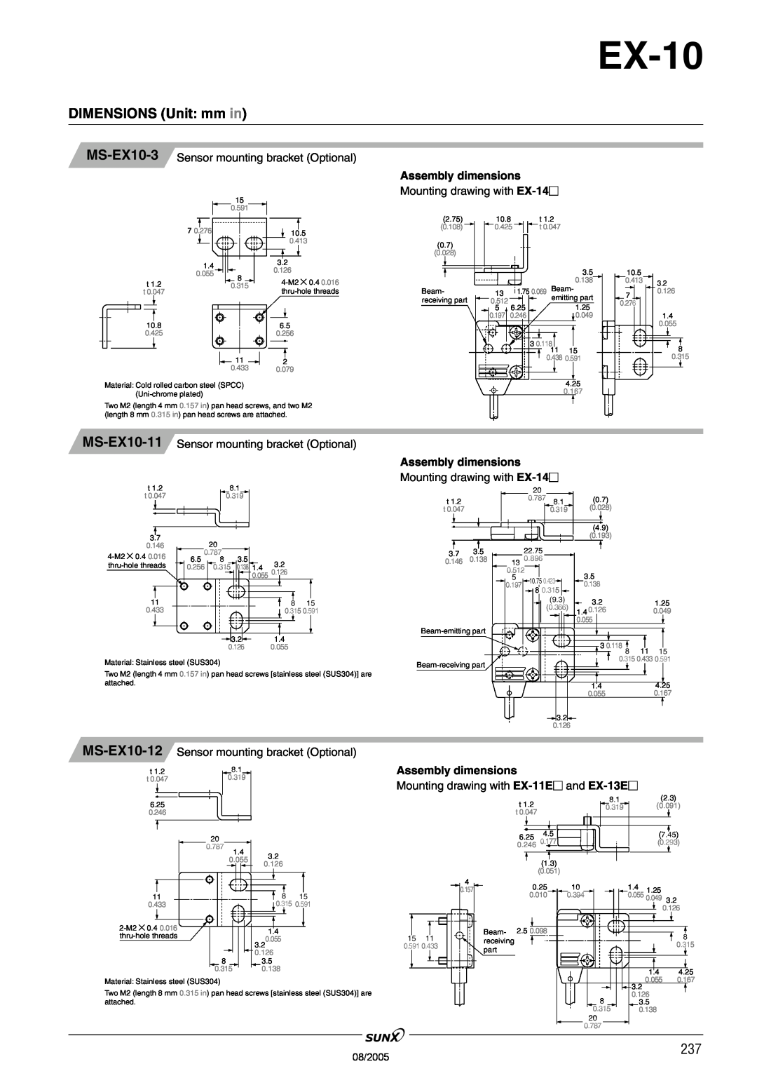 Panasonic EX-10 Series MS-EX10-3 Sensor mounting bracket Optional, MS-EX10-11 Sensor mounting bracket Optional, 08/2005 