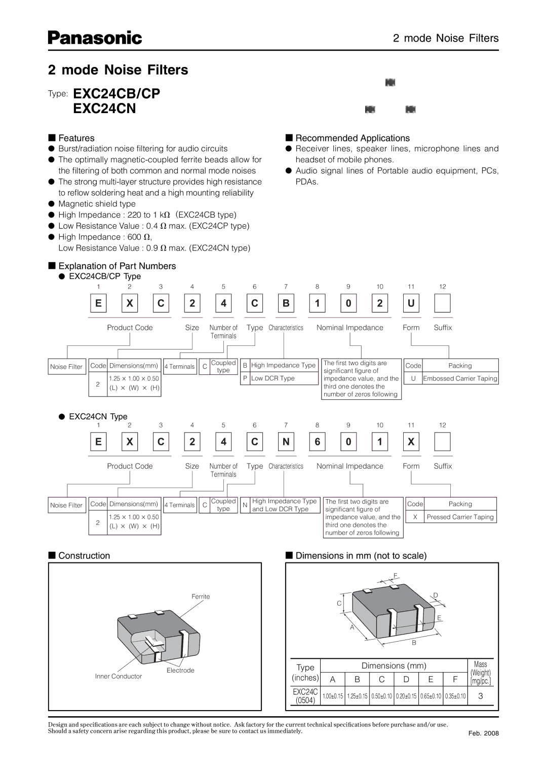 Panasonic EXC24CB/CP, EXC24CN dimensions Features Recommended Applications, Explanation of Part Numbers 