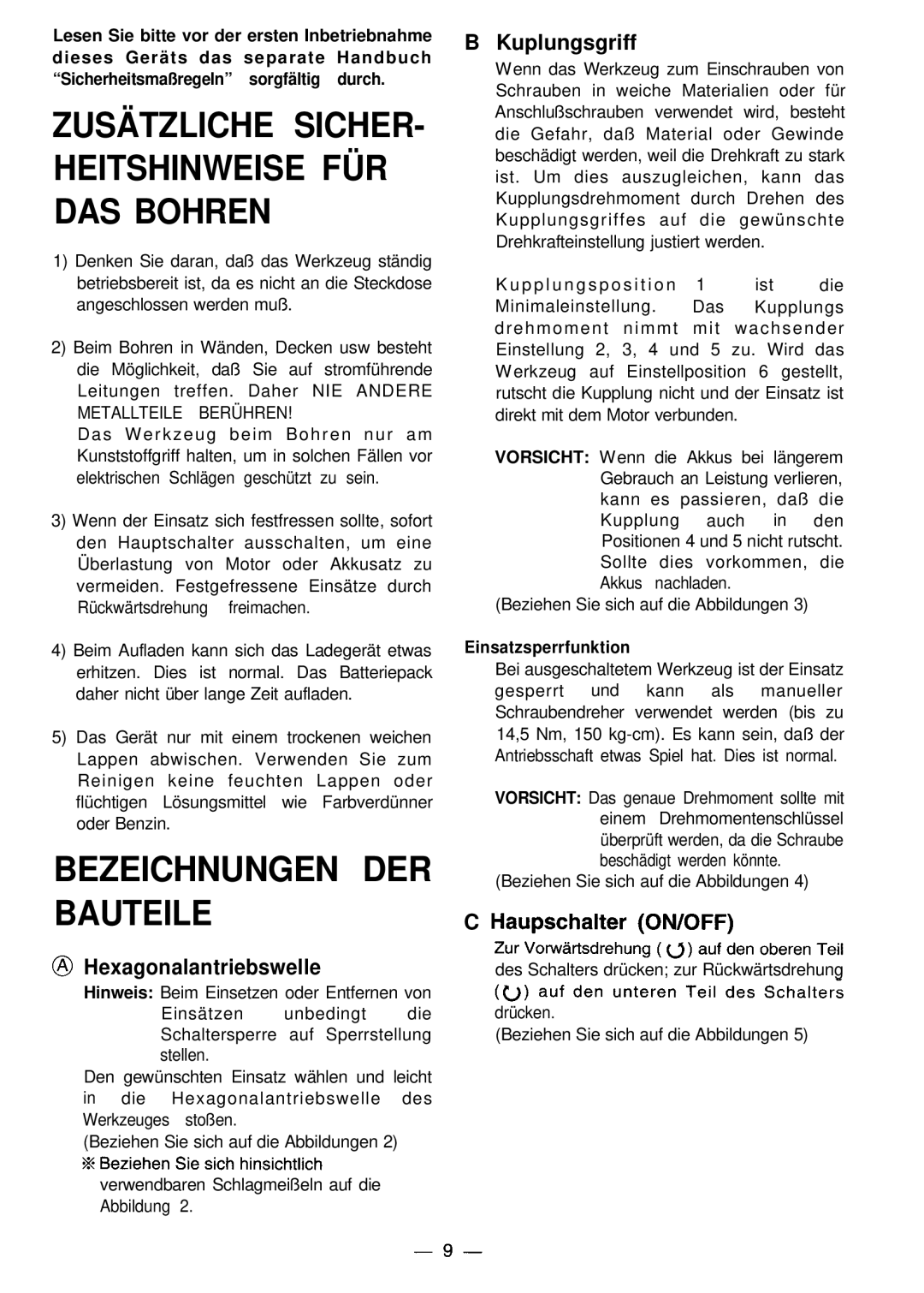 Panasonic EY 503, EY 6220 instruction manual Hexagonalantriebswelle, Kuplungsgriff, Haupschalter ON/OFF 