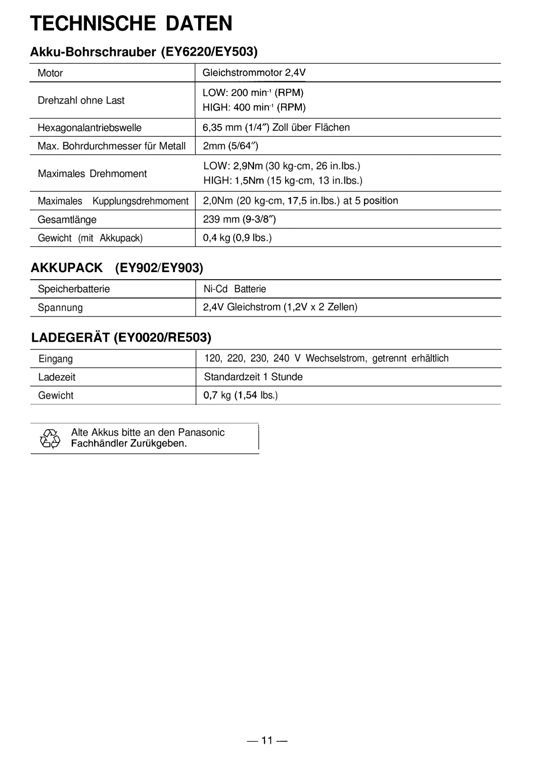 Panasonic EY 503, EY 6220 instruction manual Akku-Bohrschrauber EY6220/EY503, EY902/EY903 