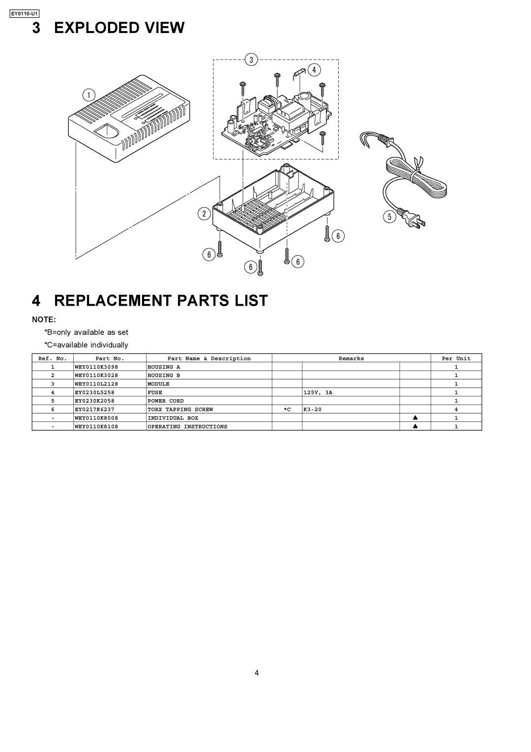 Panasonic EY0110-U1 specifications Exploded View Replacement Parts List 