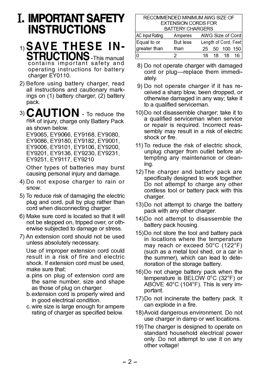 Panasonic EY0110 operating instructions Instructions Save These, STRUCTIONS-Thismanual 