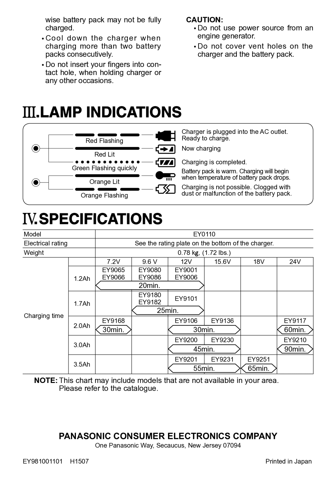 Panasonic EY0110 operating instructions Lamp Indications, Specifications 