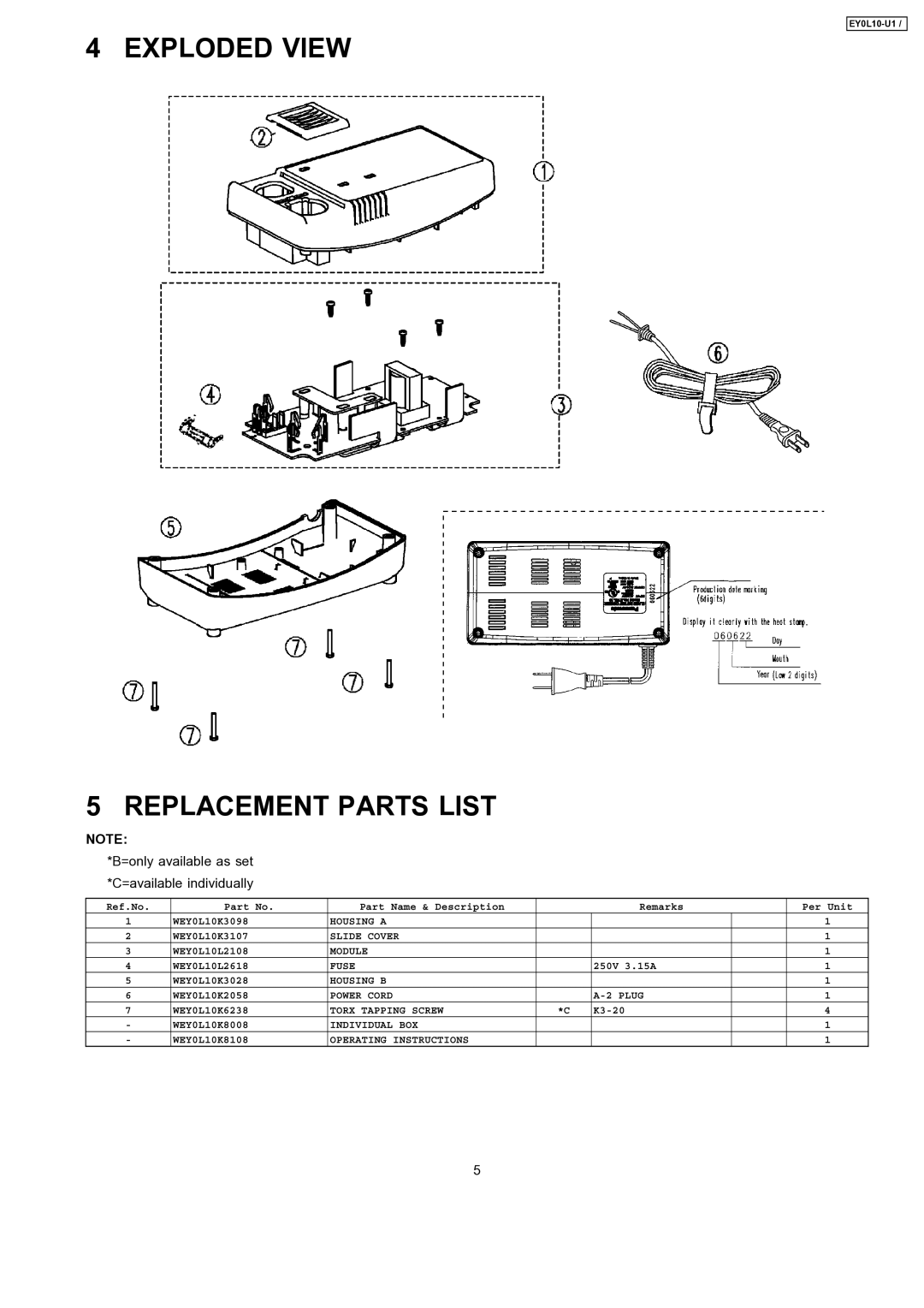 Panasonic EY0L10-U1 specifications Exploded View Replacement Parts List, =only available as set *C=available individually 