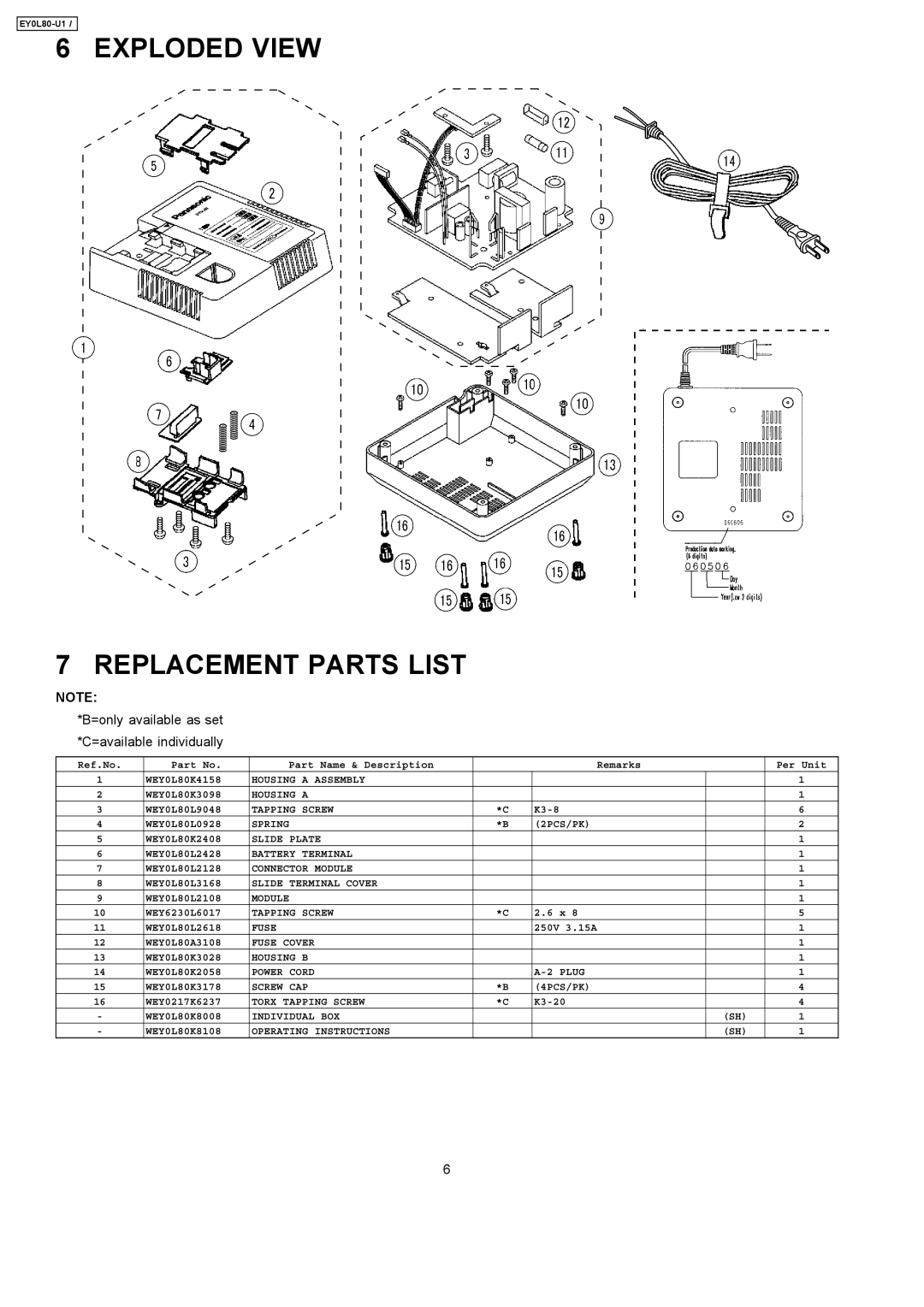 Panasonic EY0L80-U1 specifications Exploded View Replacement Parts List 