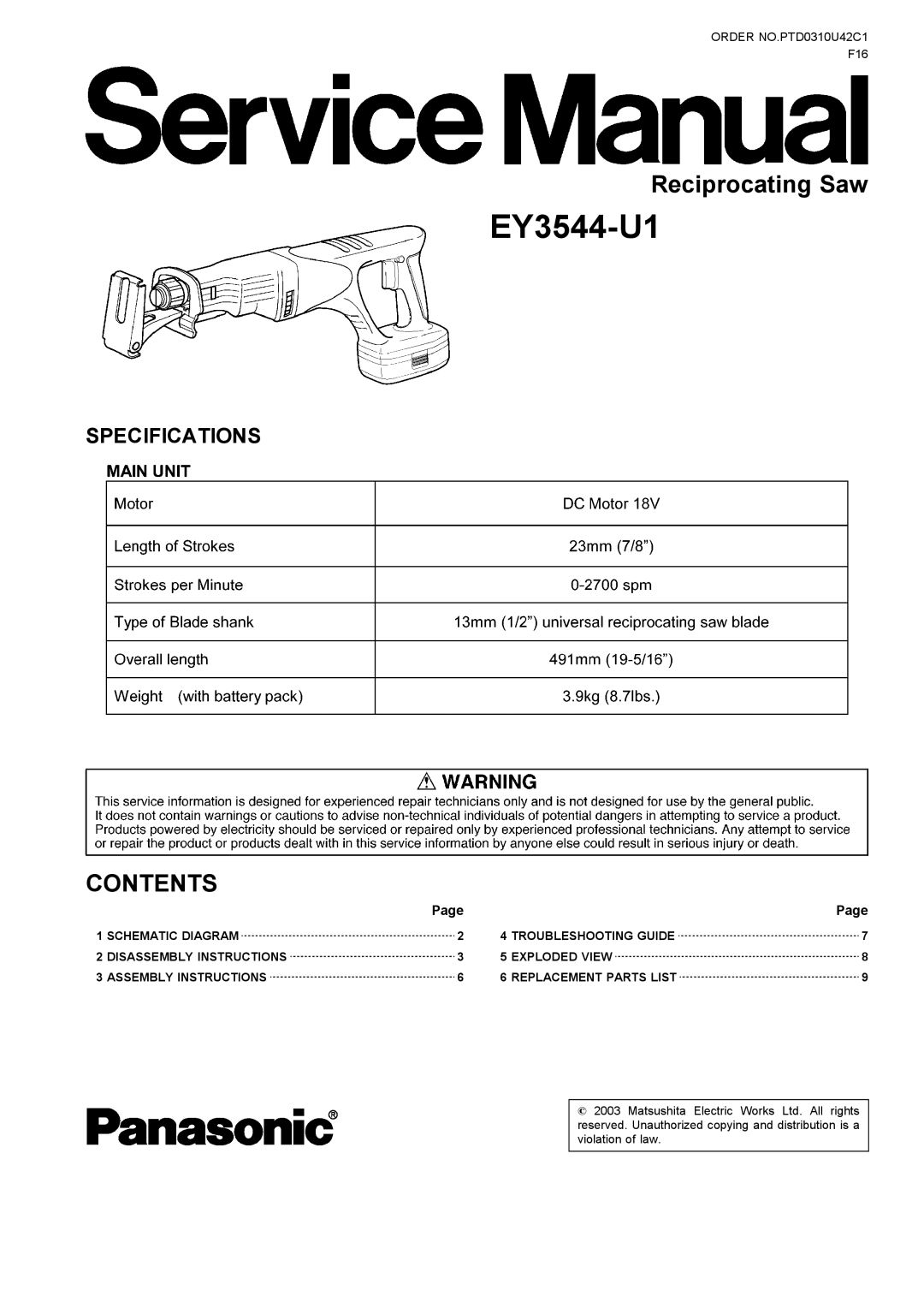 Panasonic EY3544-U1 specifications 